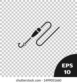 Black Fishing line with hook and float icon isolated on transparent background. Fishing tackle.  Vector Illustration