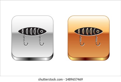 Black Fishing lure icon isolated on white background. Fishing tackle. Silver-gold square button. Vector Illustration