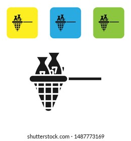 Black Fishing net with fish icon isolated on white background. Set icons colorful square buttons. Vector Illustration