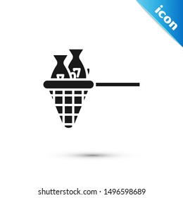 Black Fishing net with fish icon isolated on white background.  Vector Illustration