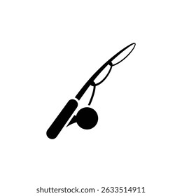 Black fishing pole silhouette showing a reel and line against a clean transparent background. Ideal for designs needing sport or recreation element.