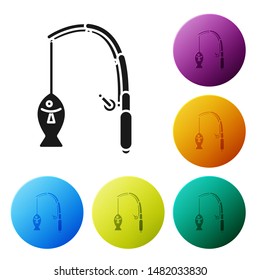 Black Fishing rod and fish icon isolated on white background. Fishing equipment and fish farming topics. Set icons colorful circle buttons. Vector Illustration