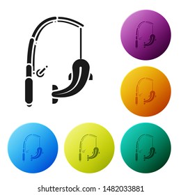 Black Fishing rod and fish icon isolated on white background. Catch a big fish. Fishing equipment and fish farming topics. Set icons colorful circle buttons. Vector Illustration