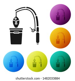 Black Fishing rod and fish icon isolated on white background. Put fish into a bucket. Fishing equipment and fish farming topics. Set icons colorful circle buttons. Vector Illustrationn