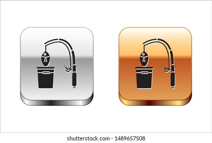 Black Fishing rod and fish icon isolated on white background. Put fish into a bucket. Fishing equipment and fish farming topics. Silver-gold square button. Vector Illustrationn