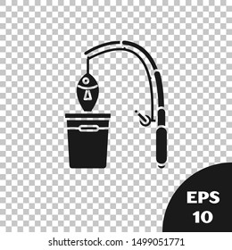 Black Fishing rod and fish icon isolated on transparent background. Put fish into a bucket. Fishing equipment and fish farming topics.  Vector Illustrationn