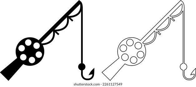 black fishing rod silhouette. concept of ocean fishing minimalist, spoon bait icon, hunting vector