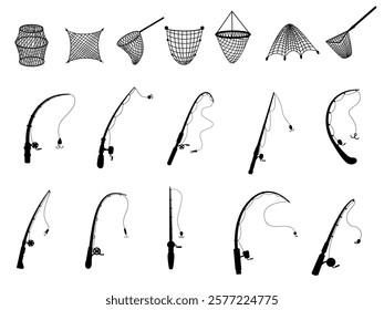 Black fishing rods. Angling tools icons, rod with spinning and handles and nets for commercial fish catch. Fishermen equipment nowaday vector set