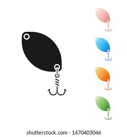 Black Fishing spoon icon isolated on white background. Fishing baits in shape of fish. Fishing tackle. Set icons colorful. Vector Illustration