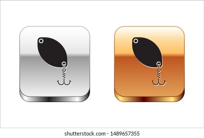 Black Fishing spoon icon isolated on white background. Fishing baits in shape of fish. Fishing tackle. Silver-gold square button. Vector Illustration