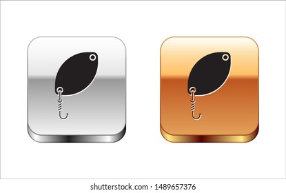 Black Fishing spoon icon isolated on white background. Fishing baits in shape of fish. Fishing tackle. Silver-gold square button. Vector Illustration