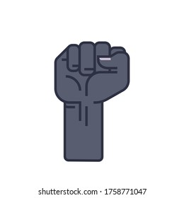 Black fist icon is raised in the vertical position. It is isolated on a white background. Flat vector illustration with editing outline, EPS 10.