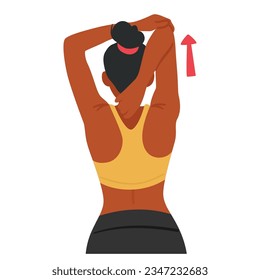 Black Fit Woman Stretching Her Hands, Performing Yoga-like Movements To Improve Flexibility And Relieve Tension. Female Character Pushing Elbow Down, Rear View. Cartoon People Vector Illustration