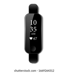 Black fitness bracelet or smart watch, time and pulse on the bracelet screen with a glare on an isolated background,realistic vector illustration