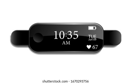 Black fitness bracelet or smartwatch, time, date and pulse on the bracelet screen with a glare on an isolated background, realistic vector illustration