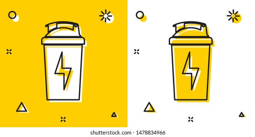 Black Fitness shaker icon isolated on yellow and white background. Sports shaker bottle with lid for water and protein cocktails. Random dynamic shapes. Vector Illustration