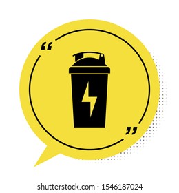 Black Fitness shaker icon isolated on white background. Sports shaker bottle with lid for water and protein cocktails. Yellow speech bubble symbol. Vector Illustration