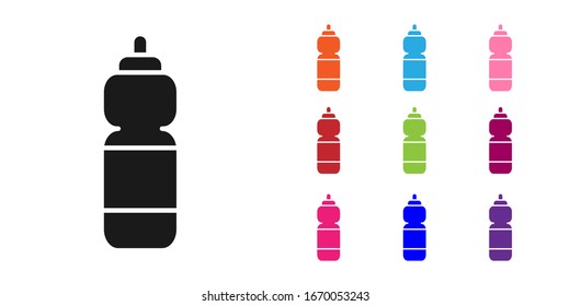 Black Fitness shaker icon isolated on white background. Sports shaker bottle with lid for water and protein cocktails. Set icons colorful. Vector Illustration