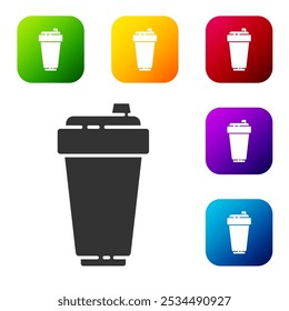 Black Fitness shaker icon isolated on white background. Sports shaker bottle with lid for water and protein cocktails. Set icons in color square buttons. Vector Illustration