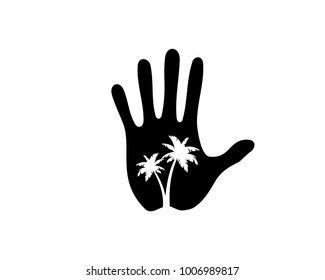 Black Five Fingers Hands with Palm Tree Inside it Illustration Silhouette Logo Symbol Vector 