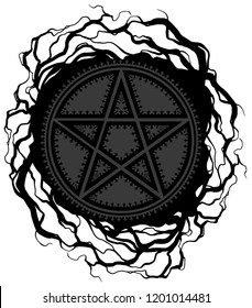 Black five pointed pentagram star with ornament and tree roots. On white background. Vector icon.