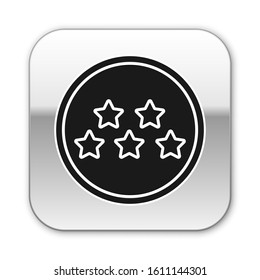 Black Five stars customer product rating review icon isolated on white background. Favorite, best rating, award symbol. Silver square button. Vector Illustration