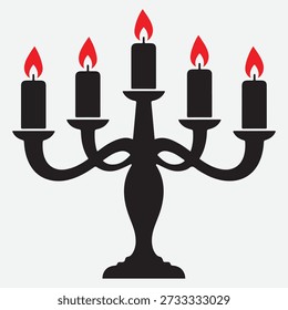Black five-branched candelabra with lit red candle flames on a light gray background candlestick candle holder