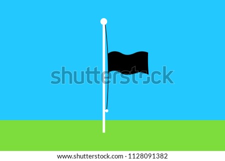 Black flag is flying below the summit on a pole / mast. Half-pole and half-mast lowered position of flag as symbol of mouring, grieve and distress. Vector illustration