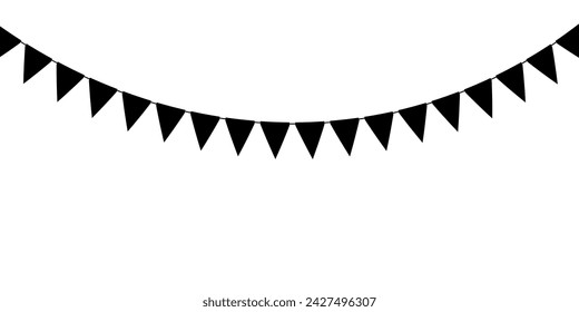 Black flag garland. Triangle pennants chain. Party pennants, window or wall decoration decoration. Celebration flags for decor. Vector illustration  