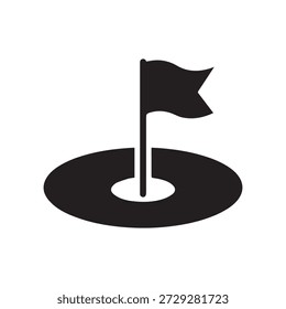 Ilustração do marcador da bandeira preta na base circular para o símbolo do buraco do golfe