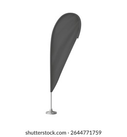 Black flag teardrop banner template. Clean fabric vertical canvas for promotion design. Feather shape blank of flag on flagpole. Realistic textile pennants hanging on metal stand. Vector 3d mockup
