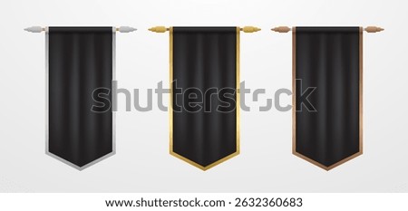 Black flags with gold outline. Luxury royal pennant or banner icon set