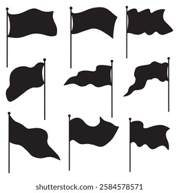 Black flags icons signs isolated on white background for infographic. Waving flags silhouettes set. Collection of different map pointer vector. Retro flag logotype design, flag pole, grunge blank flag