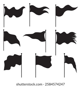 Black flags silhouettes icons signs isolated on white background for infographic. Waving flags set. Collection of different map pointer vector. Retro flag Silhouette, flag pole, blank flag