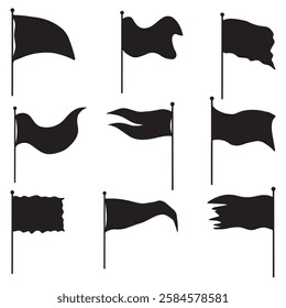 Black flags silhouettes icons signs isolated on white background for infographic. Waving flags set. Collection of different map pointer vector. Retro flag logotype design, flag pole, blank flag