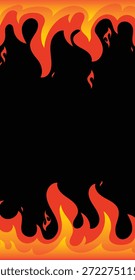 Borde de llama negro formando un marco ardiente Horizontal con fuego naranja brillante en la parte superior e inferior. Atrevida ilustración abstracta con espacio central de copia para Anuncios, carteles, gráficos de juegos y diseños de marketing.