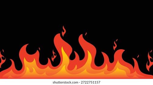 Borde de llama negro formando un marco ardiente Horizontal con fuego naranja brillante en la parte superior e inferior. Atrevida ilustración abstracta con espacio central de copia para Anuncios, carteles, gráficos de juegos y diseños de marketing.