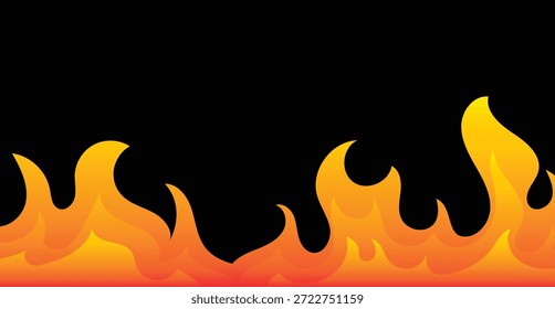 Borde de llama negro formando un marco ardiente Horizontal con fuego naranja brillante en la parte superior e inferior. Atrevida ilustración abstracta con espacio central de copia para Anuncios, carteles, gráficos de juegos y diseños de marketing.