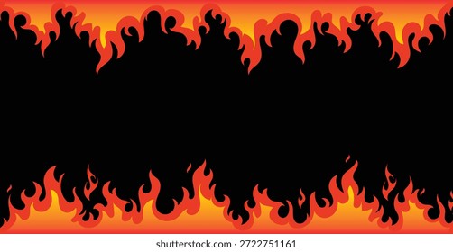 Borde de llama negro formando un marco ardiente Horizontal con fuego naranja brillante en la parte superior e inferior. Atrevida ilustración abstracta con espacio central de copia para Anuncios, carteles, gráficos de juegos y diseños de marketing.