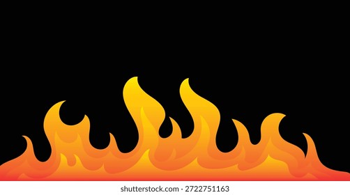 Borde de llama negro formando un marco ardiente Horizontal con fuego naranja brillante en la parte superior e inferior. Atrevida ilustración abstracta con espacio central de copia para Anuncios, carteles, gráficos de juegos y diseños de marketing.