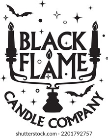 Black Flame Candle Company surrounded by stars and bats, Holiday Printable Vector Illustration