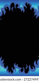 Marco de llama negro que forma un borde ardiente en un fondo degradado azul con espacio central vacío. Ilustración abstracta dramática para carteles, Anuncios, gráficos de juegos, marca y marketing digital.