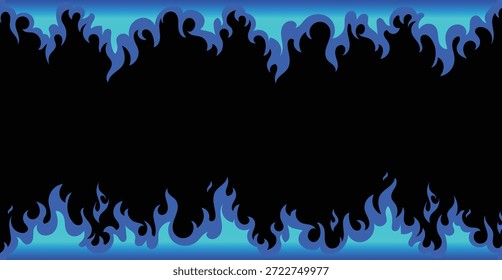 Marco de llama negro que forma un borde ardiente en un fondo degradado azul con espacio central vacío. Ilustración abstracta dramática para carteles, Anuncios, gráficos de juegos, marca y marketing digital.