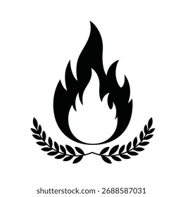 Um ícone de chama preta é centralizado acima de uma coroa de louros preta sobre um fundo branco.