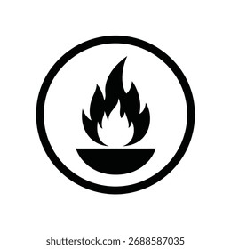 Schwarzes Flammensymbol innerhalb eines Kreises auf weißem Hintergrund.