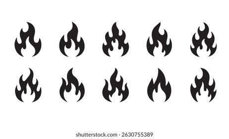 Black Flame Icon Set, Minimalist Fire Symbols Collection for Logos, Tattoos, Stickers and  Digital Graphics