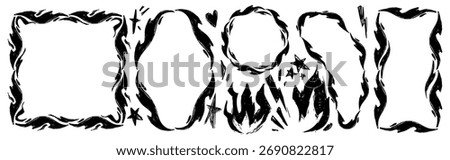 Black flame scribble frames with rough brush strokes and stars for gothic or alternative designs. Hand drawn fire borders with heart and lightning elements. Edgy decorative outlines collection.