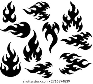 Black flame shapes vector graphic. Isolated tribal and vintage-style fire illustrations perfect for emblems, logos, decals, and tattoo designs.
