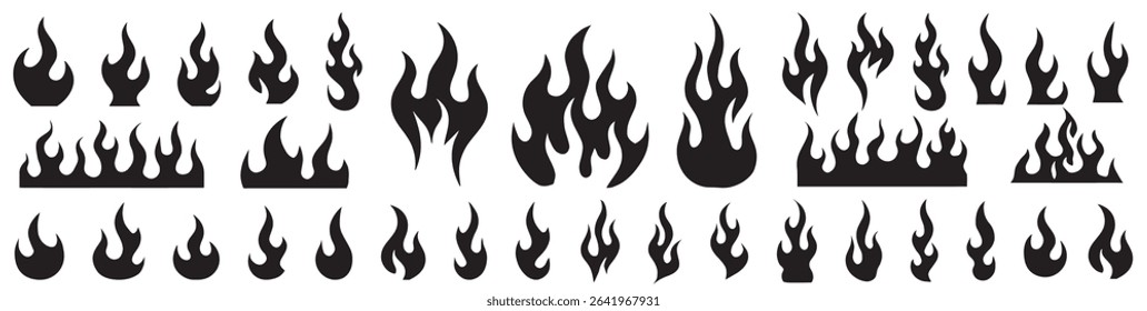 Black Flame Silhouette Vector Collection – Classic Fire Icons in Retro Old School Tattoo, Neo-Tribal and Minimalist Styles