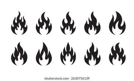Black Flame Vector Pack – 10 Unique Fire Icon Silhouettes for Logos, UI Design, Decals, Tattoos, and Digital Art Projects